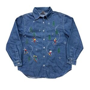 Vintage Capacity Embroidered Skiing Winter Pine Trees Denim Button Shirt M